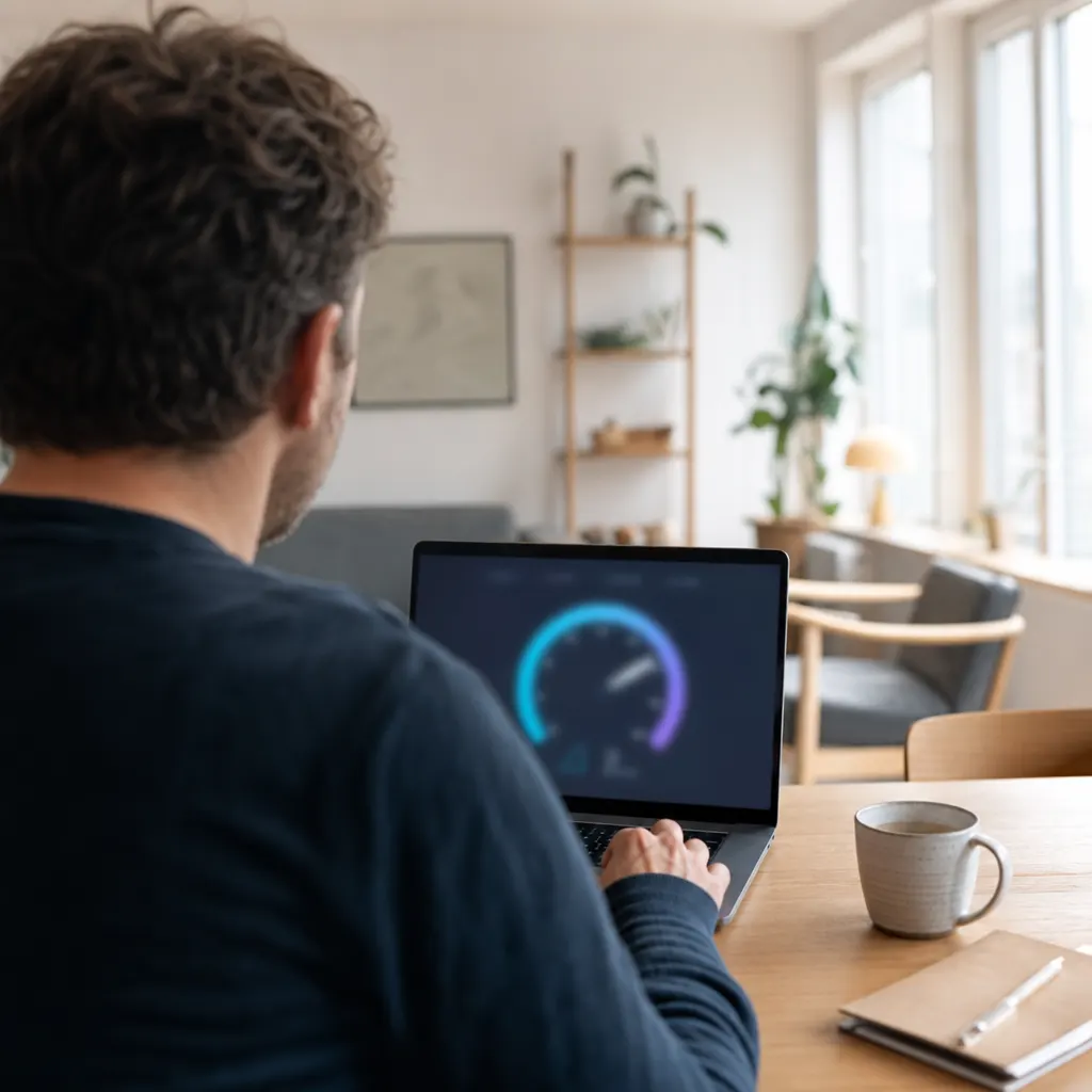Person som gör ett hastighetstest på sin laptop