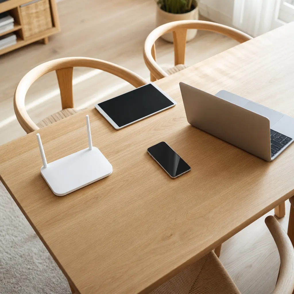 Flera enheter anslutna till en router i ett nordiskt hem