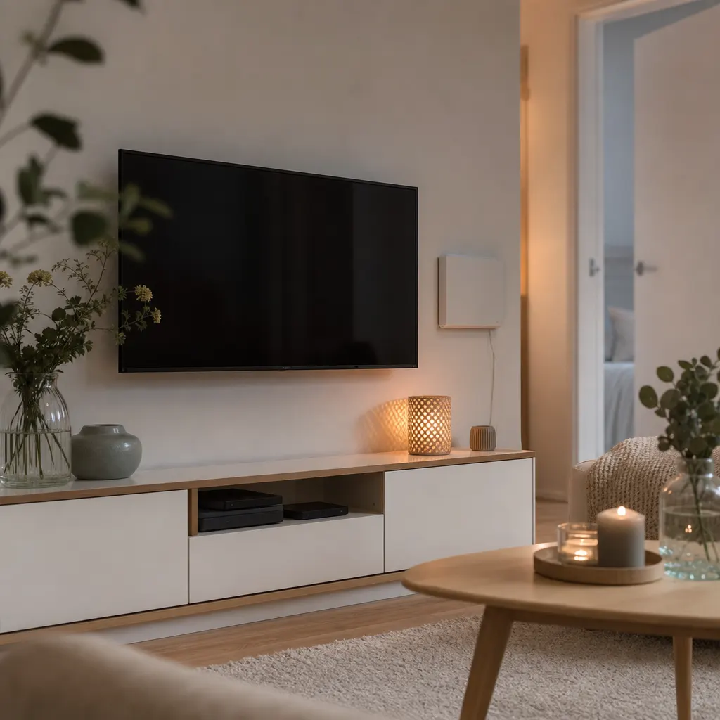 TV ansluten med fiber i ett skandinaviskt vardagsrum
