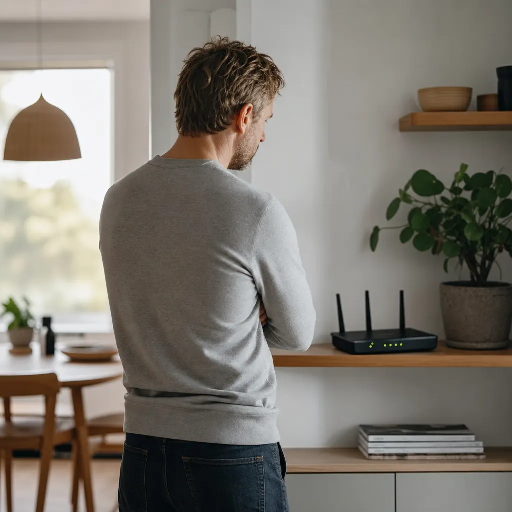 Person som felsöker internetanslutning hemma