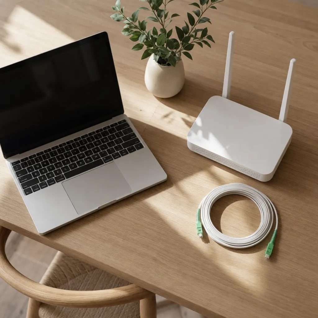 Laptop, router och fiberkabel på ett nordiskt skrivbord